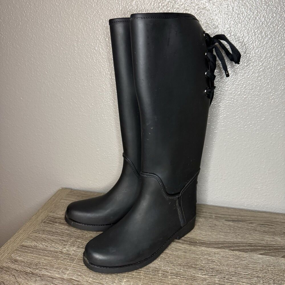 Coach Tristee Size 7B Waterproof Rubber Rain Boots Fleece Lined Corset Lace Up